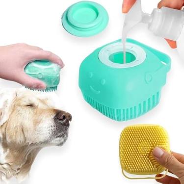Imagem de Escova de Banho Pets em Silicone com Dispenser, Massageador Corporal Verde Água, 80ml, Cerdas Macias para Limpeza e Massagem, Recipiente para Shampoo
