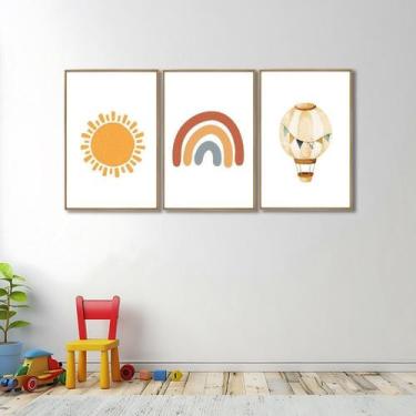 Imagem de Quadro Decorativo Infantil Sol Balão e Arco Íris 3 Telas 60x90 Cm para