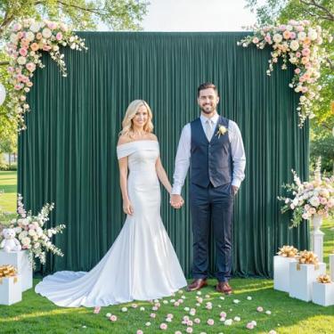 Imagem de Cortina de fundo verde Hunter para festas, chá de bebê, festa de casamento, festa de aniversário, sessão de fotos, cortinas de poliéster com laços de 1,5 m x 3 m, 2 painéis