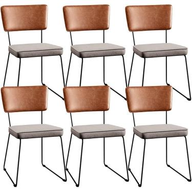 Imagem de Kit 06 Cadeiras Estofada L02 Couríssimo Camel Linho Bege