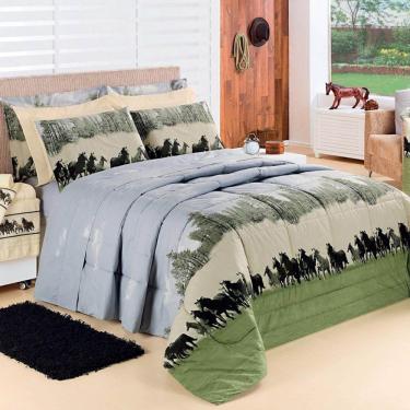 Imagem de Kit Cobre Leito Colcha Encatare Queen 3 Peças Percal 200 Fios 100% Algodão - Texas Cavalo