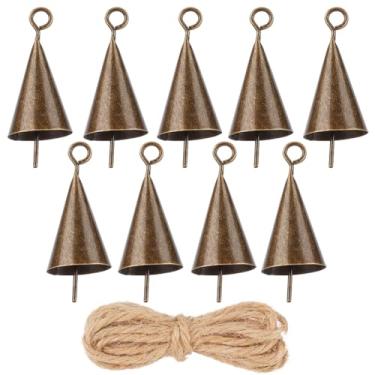 Imagem de CREATCABIN 9 peças de sinos para artesanato ornamentos de sino de Natal de metal rústico pequeno vintage jingle bronze bruxa pendurado sinos de vento com corda de juta para férias de árvore de Natal