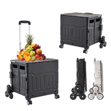 Imagem de Carrinho utilitário dobrável, carrinhos de compras dobráveis, carrinho dobrável com rodas de escalada de escadas, carrinho de compras de 8 rodas, caixa dobrável com alça telescópica (preto, 43 x 43 x