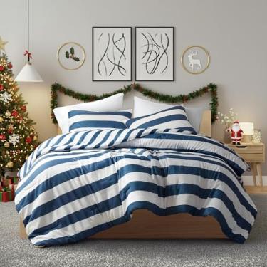 Imagem de Regency Heights Conjunto de edredom queen listrado reversível, de microfibra macia com design de listras de dupla face, quente e aconchegante para todas as estações, conjunto de edredom e fronhas de 3