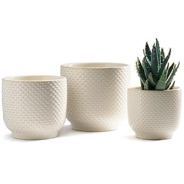 Imagem de Vasos de cerâmica de 10 + 15 + 15 cm para plantas de interior, vasos de suculentas, vaso de flores de orquídea com orifício de drenagem, vasos modernos de grés de barro, conjunto de 3 (branco leite