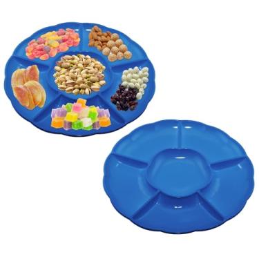 Imagem de CAOXIAOXUYAO Bandejas redondas de plástico de 30,5 cm com 2 unidades, 6 pratos secionais para servir pratos de comida para doces, nozes, vegetais, frutas, Ação de Graças (2, Dark Biue)