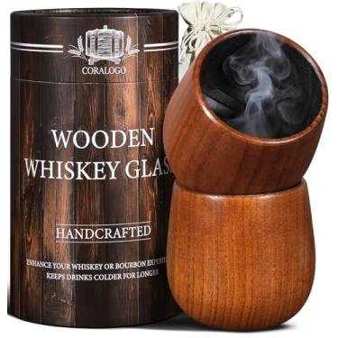 Imagem de Conjunto de 2 copos de bourbon de madeira Coralago - Copo de uísque carbonizado feito à mão, presente de uísque de madeira para homens, pai, marido, com caixa de presente projetada - aniversário