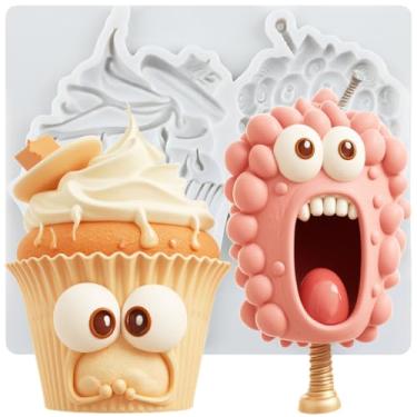 Imagem de MYPRACS Molde de silicone para fondant de sorvete de desenho animado para decoração de bolo de açúcar, topo de cupcake, pasta de goma de chocolate, argila de polímero