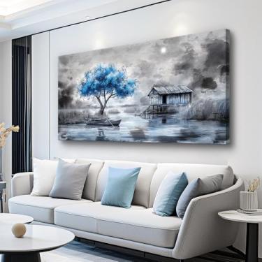 Imagem de QIYILEXWART Decoração de parede grande para sala de estar arte de parede em tela esticada e emoldurada para decoração de parede de escritório para quarto As pinturas de árvore azul The Hut Picture Art