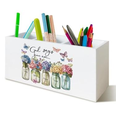 Imagem de YTRGI Decoração de escritório cristã, suporte de caneta cristão para decoração de mesa de escritório, versículo bíblico de hortênsia, suporte de lápis de madeira para mesa, presentes inspiradores de