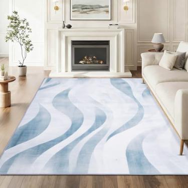 Imagem de Petmolico Tapetes laváveis - 1,5 x 18 m, estilo geométrico, azul, antiderrapante, para sala de estar, quarto, sala de jantar, cozinha, quarto de crianças