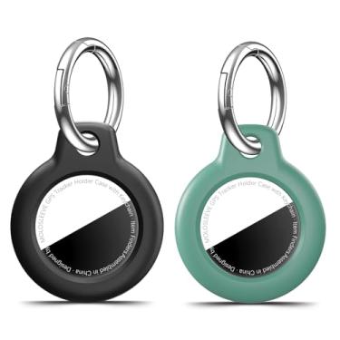 Imagem de MOLOSLEEVE [Pacote com 2] Capa com suporte para AirTag, porta-chaves antiarranhões à prova de choque para AirTags, acessórios para rastreadores de itens GPS, capas para bolsas, preto + verde pinho