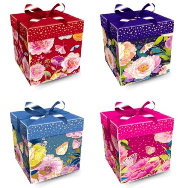 Imagem de Caixa para Presente Desmontada VMP | Estampa Flores e Borboletas + Fita Decorativa | Tamanho 22 × 22 × 22 cm.