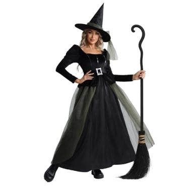 Imagem de Vestido longo feminino de bruxa verde para Halloween, vestido longo gótico legal com mangas, roupa de festa cosplay (pequeno)