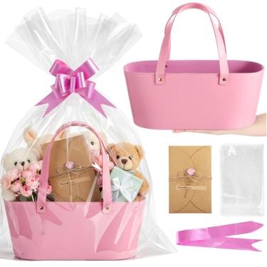 Imagem de Wonderjune Cesta vazia de couro de Natal com sacos de presente, fitas, cartões comemorativos, grande, pequena, vazia, com alça para presente de Ação de Graças, casamento, chá de panela, aniversário