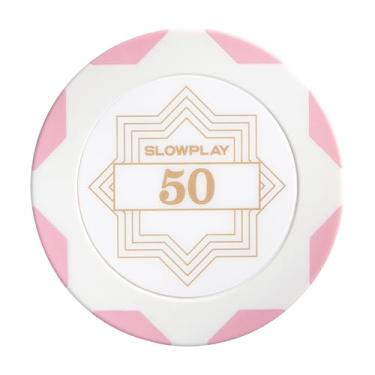 Imagem de SLOWPLAY Nash Clay Poker Chips White Gold Edition, composto de argila pesada de 14 gramas, fichas grandes de 40 mm a granel, pacote de 50 com denominação de 50