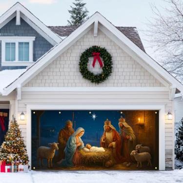 Imagem de HOMETITUTE Banner de porta de garagem para presépio 4 x 1,8 m, pano de fundo de bebê Jesus com noite estrelada à luz de velas animais estáveis religiosos decoração de quintal de Natal para exibição de