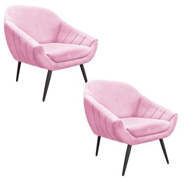 Imagem de Kit 02 Poltronas Giovana Suede Rosa bebê Pés Palito Ferro