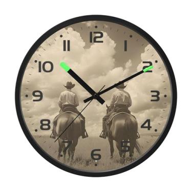 Imagem de SEHANY Relógio de parede Western Cowboy silencioso sem tique-taque, relógio redondo operado por bateria, controle de som, luz noturna, relógios de parede para sala de estar, cozinha, quarto