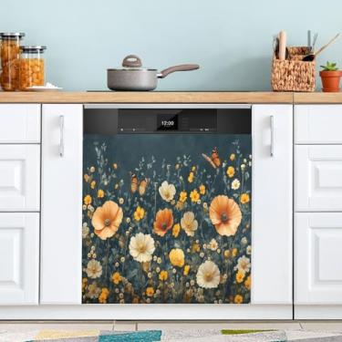 Imagem de ATTX Capa de ímã de lava-louças floral vermelha, 58 cm C x 66 cm A decoração da capa frontal da máquina de lavar louça, adesivos de eletrodomésticos para armário doméstico #191