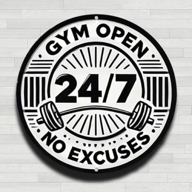 Imagem de Gym Open 247 No Excuses Barbell Vintage Alumínio Rústico Metal Placa de Parede Redonda, 20 cm Presentes e Decoração para Casa, Escritório, Café e Quintal