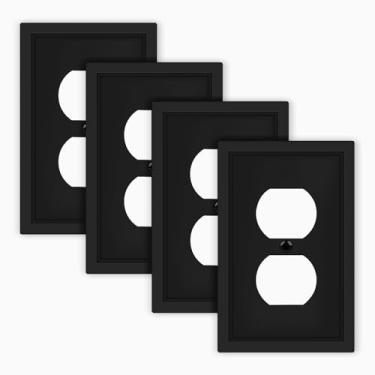 Imagem de Placas de parede decorativas pretas foscas, placas de interruptor clássicas e capas de tomada, placas de parede de fibra de bambu natural para tomadas elétricas, capa de receptáculo duplex - pacote