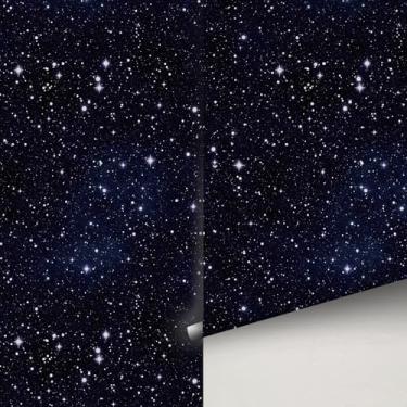 Imagem de Buiory Papel de parede grande Eden azul escuro céu estrelado - Mural de parede com tema espacial removível de 38,6 x 480,6 cm com estrelas amarelas e meteoros, papel de parede DIY para quarto, sala de
