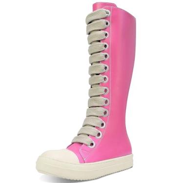 Imagem de IMPREMEY Botas femininas para ciclismo na altura do joelho, cadarços grossos, plataforma confortável, botas de caminhada com zíper, Vermelho rosa, 39