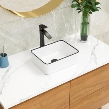 Imagem de Lordear Pia de banheiro retangular 40,6 cm retangular moderna acima do balcão pia de banheiro branca 40,6 x 30,5 cm porcelana cerâmica pia com acabamento preto lavatório artístico