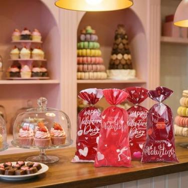 Imagem de 50 unidades de sacos de celofane para dia dos namorados, sacos de guloseimas com estampa de coração com laços dourados, para casamento, festa de aniversário