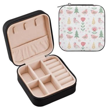 Imagem de Wassud Estojo de joias de viagem com padrões de pássaros fofos para mulheres, meninas, senhoras, noiva, mini organizador de joias de couro PU, caixa quadrada de armazenamento de joias para brincos