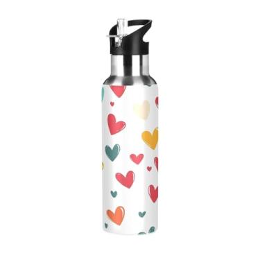 Imagem de Wassud Garrafa de água colorida padrão de coração garrafa de água esportiva de aço inoxidável com canudo garrafas de água isoladas copo portátil de viagem 947 ml
