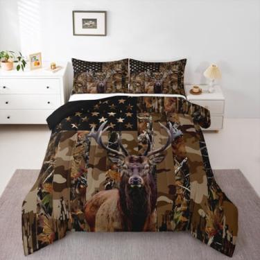 Imagem de jejeloiu Conjunto de edredom de camuflagem de caça de veado, tamanho Queen, bandeira americana, capa de edredom para crianças, meninos, meninas, quarto de crianças, microfibra ultramacia e respirável