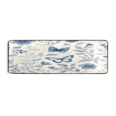 Imagem de Qilmy Tapete de corredor retrô azul branco com flores e borboletas 183 x 61 cm, antiderrapante, antifadiga, confortável, tapetes longos para cozinha, quarto, sala de estar, banheiro, corredores