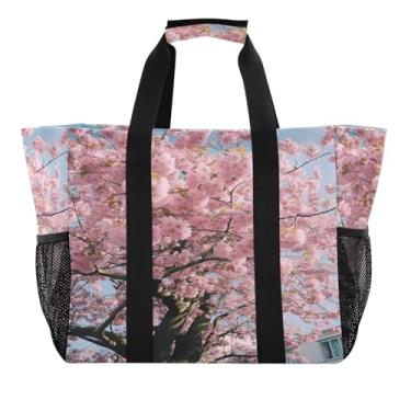 Imagem de Wassud Linda bolsa de compras reutilizável em flor de cerejeira grande bolsa organizadora de lona impermeável para praia, piquenique, lavanderia, viagem