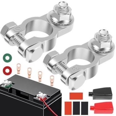 Imagem de Kit de conector de terminal de bateria, terminal marítimo automotivo positivo negativo para serviço pesado, 1 par de postes superiores com 4 peças de terminais de cobre de 9,5 mm de calibre 2, 4 tubos
