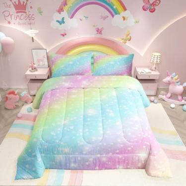Imagem de Erosebridal Conjunto De Cama Arco-Íris Para Crianças, Meninas, Adolescentes, Mulheres, Tie-Dye, Pastel, Edredom, Queen Size, Estrelas Douradas, Glitter, Conjunto De Cama, Edredom, Aquarela, Arte, Fe