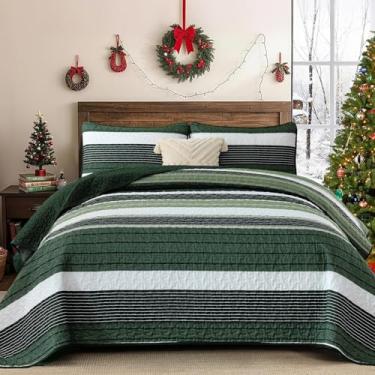 Imagem de Djoymock Conjunto de colcha King Size verde-oliva listrada, 3 peças, colcha de retalhos, leve, com 2 fronhas, conjunto de edredom de microfibra macia para todas as estações, 279 cm × 228 cm