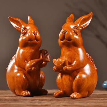 Imagem de FENNYYAR Um par de estatuetas esculpidas à mão de coelho do zodíaco buxo, 8 cm, decoração de mesa de escritório em casa mascote