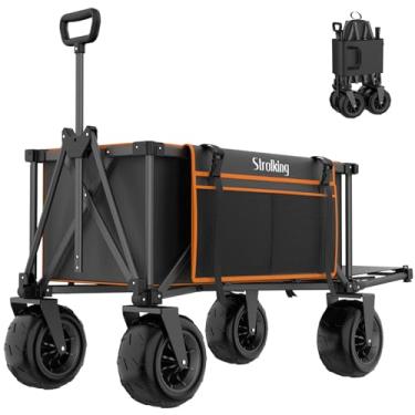 Imagem de Carrinho de praia dobrável de 129,5 cm L com rodas de areia de 23 cm, carrinho de praia dobrável resistente de 260 L com porta traseira para areia, acampamento, pesca e esportes, cinza