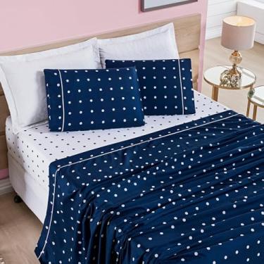 Imagem de Jogo de Lençol 4 Peças Micropercal Toque Macio Queen King Cama Casal Poá Luxo Premium 200 Fios(Poá Marinho,Solteiro)