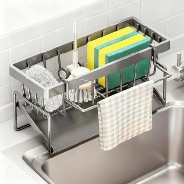Imagem de Organizador de pia de cozinha, suporte de esponja com bandeja de drenagem automática, toalheiro removível, organizador de dispensador de sabão de bancada de cozinha inoxidável à prova de ferrugem