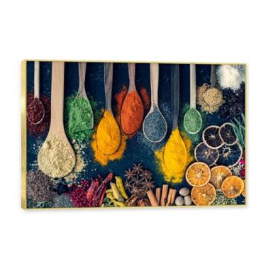 Imagem de NHLDZYH Moldura dourada. Tela decorativa cozinha, arte vintage especiarias coloridas, arte de parede quadros para sala de estar quarto cozinha. B57. 70x105cm