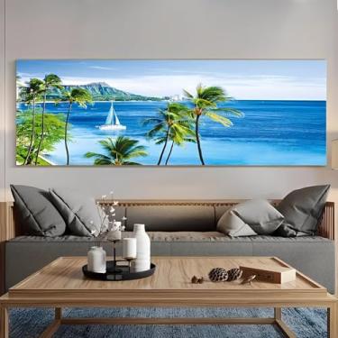 Imagem de Arte de parede em tela rústica vintage com palmeiras oceano veleiro montanha - Pôster sem moldura de 30 x 91 cm - Ideia de presente para decoração de casa e escritório para sala de estar, quarto