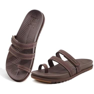 Imagem de KuaiLu Sandálias femininas deslizantes com fascite plantar suporte de arco moderno confortável sandálias planas ajustáveis femininas leves ortopédicas sem cadarço, Marrom, 41