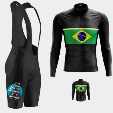 Imagem de Conjunto de Ciclismo Masculino Camisa Brasil Points PRO Manga Longa Bolso Traseiro e Bretelle Gel-Masculino