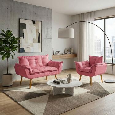 Imagem de Kit Namoradeira e Poltrona Decorativa Para Sala Recepção Manicure Consultório Alice Tecido Suede