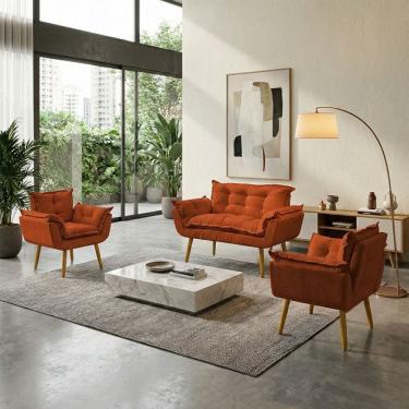 Imagem de Kit Namoradeira Decorativa E 2 Poltronas Confortável Para Sala Recepção Manicure Consultório Escritório Alice Tecido Suede