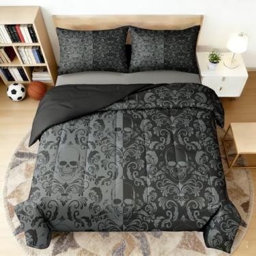 Imagem de Yadangxiawa Jogo de cama gótico para adultos, para meninos, estampa de caveira, edredom e fronha (caveiras, casal)