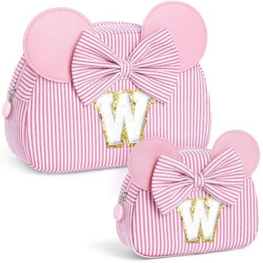 Imagem de QLOVEA Presentes de Natal para netos, bolsa de cosméticos inicial, bolsa de maquiagem de viagem, presentes de aniversário personalizados para crianças, rosa, W